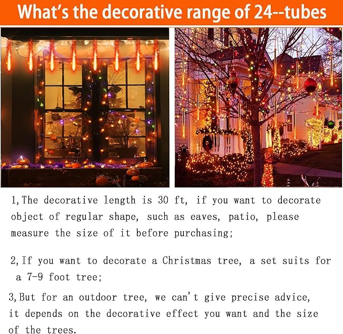 Kwaiffeo Outdoor Halloween Decorations, 24 Tubes Meteor Shower Lights(Equivalent to 3 Sets of 8-Tube) for Halloween Decoration Outside, Orange Lights for Tree Fall Autumn Decor, UL Plug