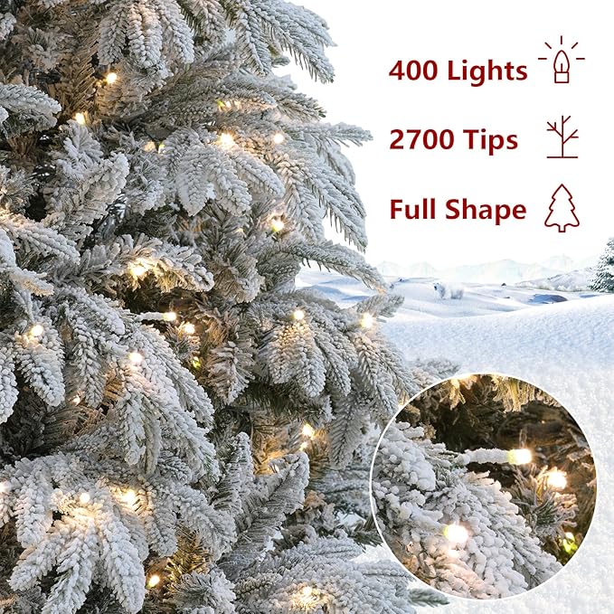 Flocked Spruce Artificial Christmas Tree - 7.5 ft Prelit with 10 Functions Colorful Lights & 2700 Realistic Tips, Firm Metal Stand & 400 Lights, Easy Assembly