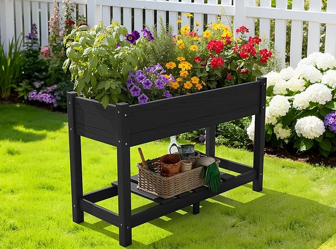 SERWALL Raised Garden Bed, HDPE Raised Bed for Gardening All Weather Use- Black