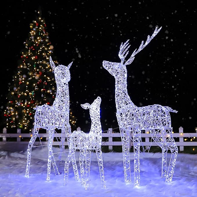 Hykolity 4.5 FT 3D Lighted Outdoor Christmas Reindeers Family, 3-Piece Light Up Twinkling Deer Set with 1660 White LED Lights, Groud Stakes, Zip Ties for Holiday Decorations