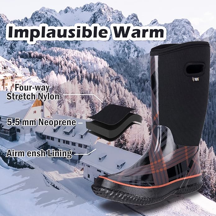 WTW Mid Calf Rain Boots for Women - Waterproof Insulated Neoprene Mud Boots Outdoor Hunting Garden Boots