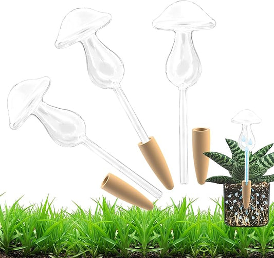 3 Pack Non-Clogging Mushroom Plant Watering Globes with Terracotta Spikes, Hand Blown Glass Self Watering Planter Insert Plant Watering Devices Bulbs for Indoor and Outdoor Plants