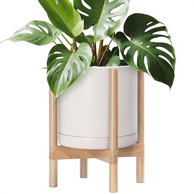 D'vine Dev Ceramic Planter with Natural Stand - 12 Inch Modern Round Flower Pot with Wood Planter Holder, Oatmeal, 55-B-J-8
