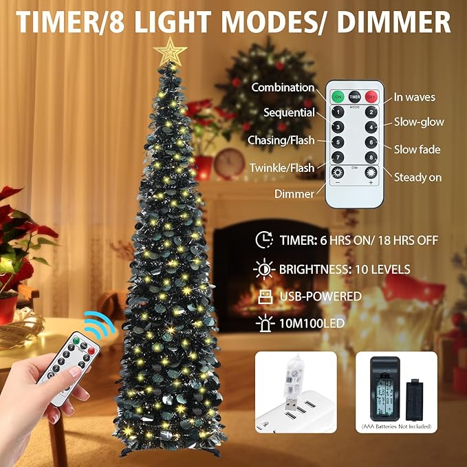 HMASYO 6 FT Pop Up Christmas Tree with 100 LED Lights & Remote, Black Christmas Tinsel Tree, Collapsible Artificial Pencil Tree for Home Office Party Decor, USB Powered Timer Lights, Easy Assembly