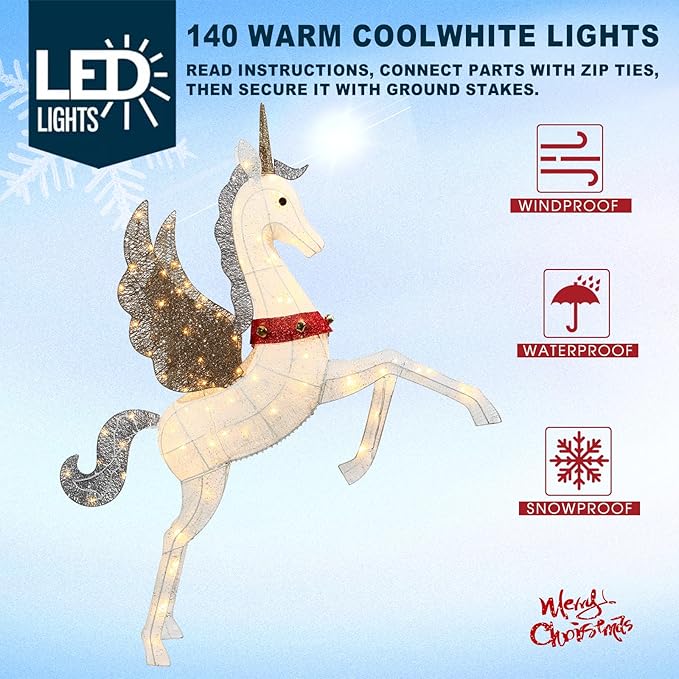 4.7ft Lighted Unicorn Outdoor Christmas Decorations for Yard Lawn Garden, Large 3D Weatherproof Light up Unicorn with 140 LED Lights, Ground Stakes Zip Ties, Outside Indoor