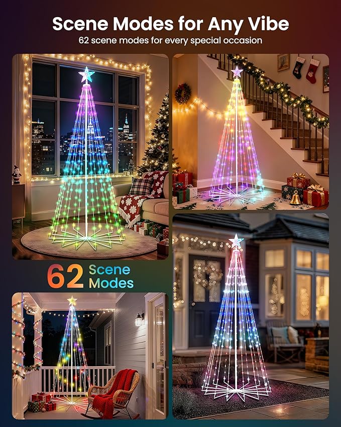 Christmas Cone Tree, 3 Pack 4/5/7FT 110/205/295 LEDs with Smart APP and Local Control, DIY Pattern and Text Displayable, IP65 Waterproof for Indoor Outdoor Decorations