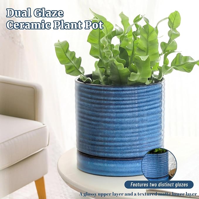 Hasense Plant Pot, 6 Inch Ceramic Kitchen Garden Pot for Plant with Drainage Hole and Tray, Indoor/Outdoor Succulent Herb Planter, Modern Blue Home Office Decorative Gifts