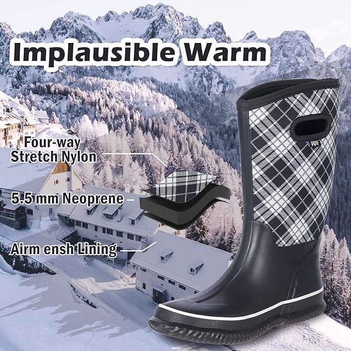 WTW Mid Calf Rain Boots for Women - Waterproof Insulated Neoprene Mud Boots Outdoor Hunting Garden Boots