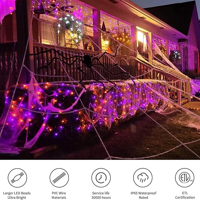 LJLNION 1000 LED Halloween Lights, 328FT Long Outdoor Fairy String Lights, Waterproof IP65 Green PVC Copper Wire Lights, 8 Lighting Modes Plug in for Xmas Home Yard Garden Party Decor, Orange&Purple