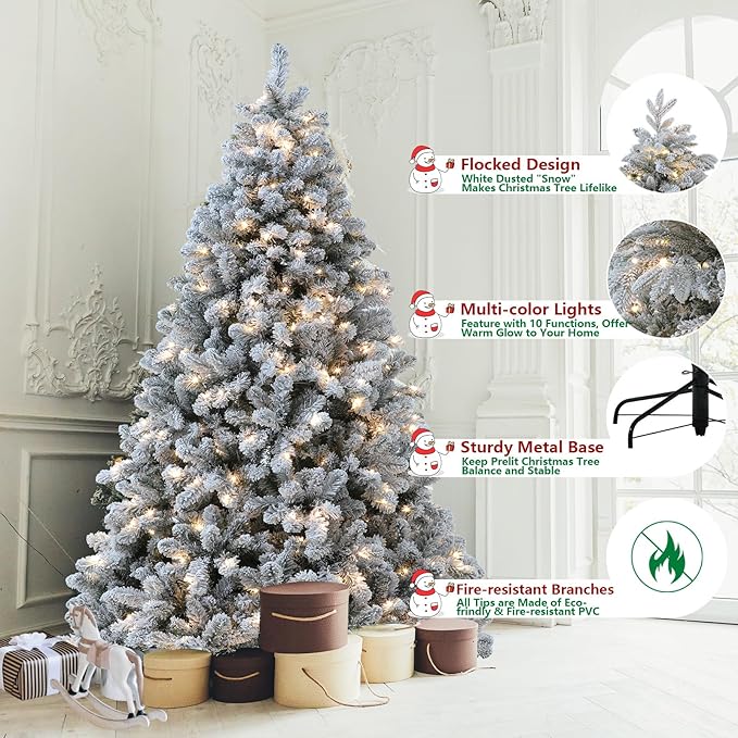 Flocked Christmas Tree, 6 ft Prelit Christmas Tree with Lights, 10 Functions, 250 Lights, Spruce Artificial Christmas Tree Prelit with Realistic Tips & Sturdy Metal Base Easy Assembly
