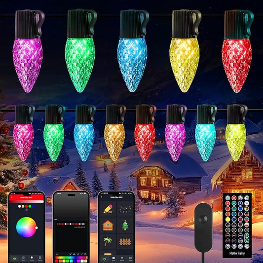 Brightown C9 LED Christmas Lights Outdoor, 200LED RGB Smart Christmas Tree Lights Music Sync DIY APP Controlled, Waterproof Connectable C9 String Lights for House Indoor Patio Xmas Decoration