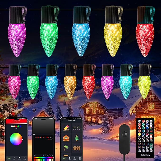 Brightown Smart C9 Christmas Lights Outdoor, 150 LED Christmas Color Changing Fairy Lights App Control, Music Sync, RGB, Shatterproof Connectable C9 String Lights for Tree House Indoor Xmas Decor