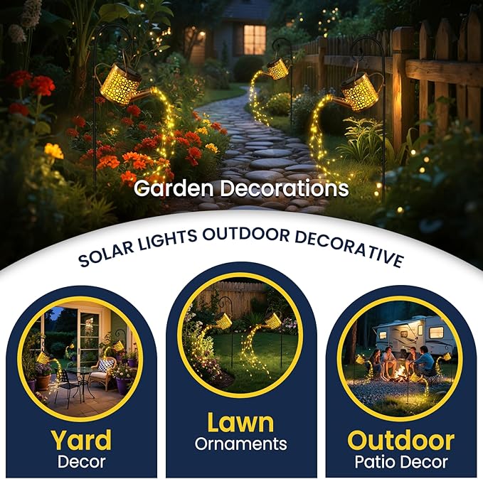 Solar Lights Outdoor Decorative, Metal Solar Watering Can Lights Waterproof, Garden Decor Hanging Lights for Outside Patio Pathway Yard, Christmas Birthday Gardening Gifts