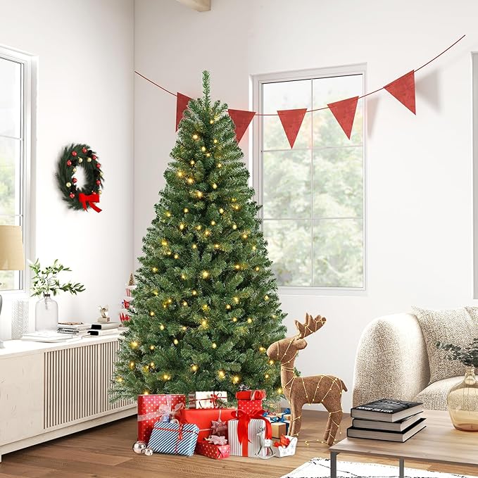 GOFLAME 7FT Prelit Artificial Christmas Tree, Hinged Xmas Tree with 830 Branch Tips, 250 Warm White LED Lights, 8 Lighting Modes, Holiday Decoration Tree for Home Office Party