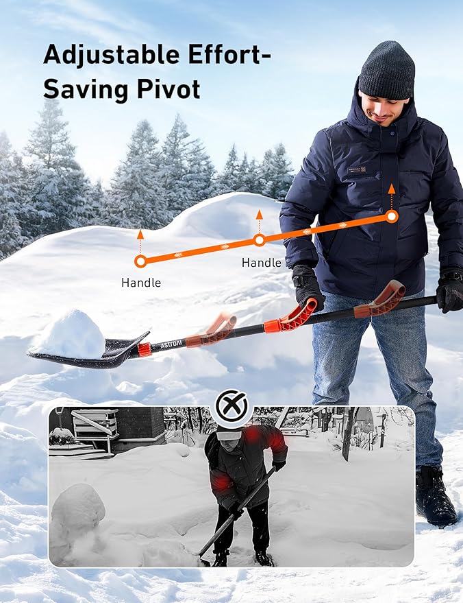 AstroAI 62" Heavy-Duty Snow Shovel with Adjustable Ergonomic D-Shape Handle, 17-Inch Wide Snow Shovel for Car with Stainless Steel Blade, Easily Remove Heavy Snow from Car, Driveway, Yard