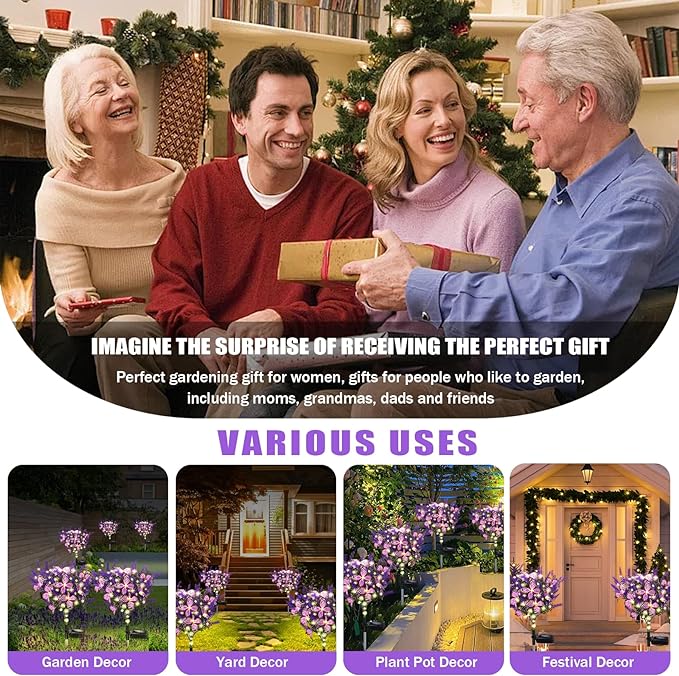 Kohlrabi Solar Garden Lights Outdoor, 2 Pack Solar Butterfly Lights Purple Lavender Gardening Gifts for Women, Artificial Flower with Butterfly Purple Garden Decor for Lawn Patio-Warm White