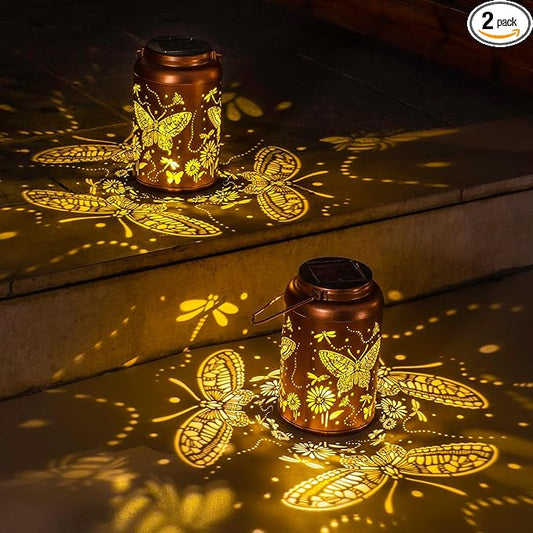 2Pack Butterfly Solar Lanterns Outdoor Waterproof Hanging Solar Lights Gifts for Women Metal LED Lantern Christmas Decorative Garden for Yard,Patio,Front Porch,Balcony,Outside, Birthday