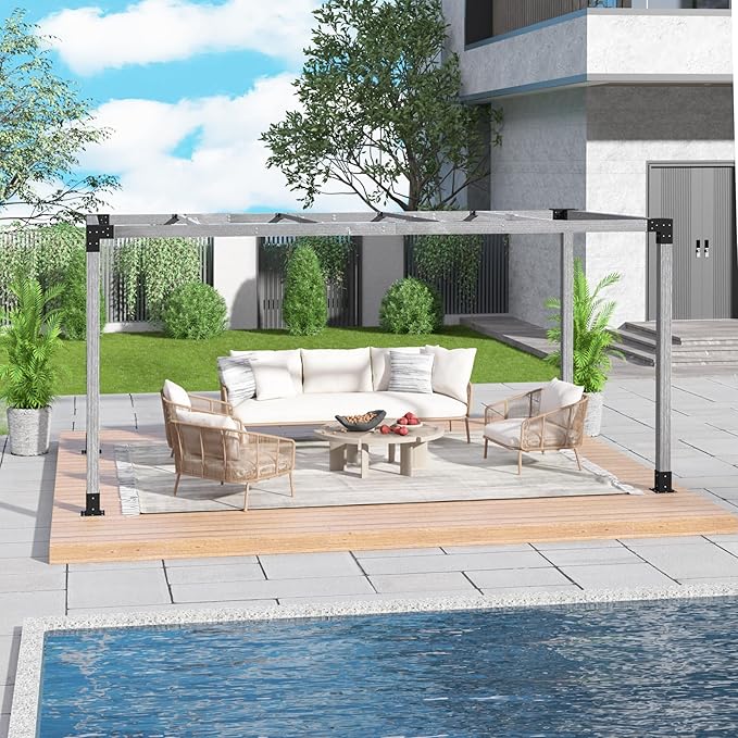 10' x 13' Wood Pergola Outdoor, Wooden Pergola Grape with Stable Structure for Climbing Plant Support, Painted Wood Frame for Garden Porch Beach with Expansion Screws Included, Grey