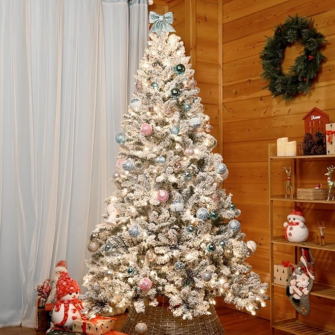 5ft Pre-lit Flocked Christmas Tree, Artificial Christmas Tree with Lights, Snow Frosted Christmas Trees Pre-lit with Pine Cones & 300 UL Lights, 600 Tips, Hinged Easy Setup Xmas Tree