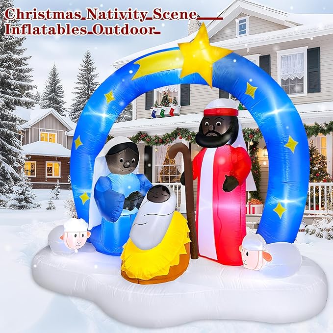 7 FT Christmas Inflatables African American Nativity Scene Outdoor Decorations, Bright LED Lights The Birth of Jesus Scene with Star Blow up Black Jesus Manger Set for Yard Garden Xmas Holiday Decor