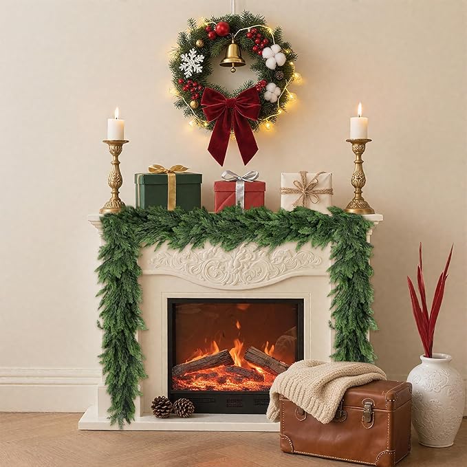 2PCS Christmas Cedar Garland 9Ft Artificial Realistic Soft and Thickness Green Faux Cedar Pine Garlands, Holiday Xmas Decoration Stairs Wall Mantle Door Indoor Outdoor(2pcs, 9ft)