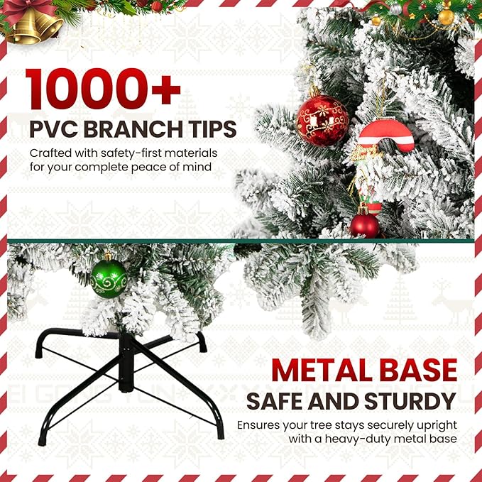 Beyond 7FT Snow Flocked Artificial Full Christmas Tree, Hinged Spruce Christmas Tree with 1300 Branch Tips, Xmas Tree with Metal Stand for Home, Party Decoration, White