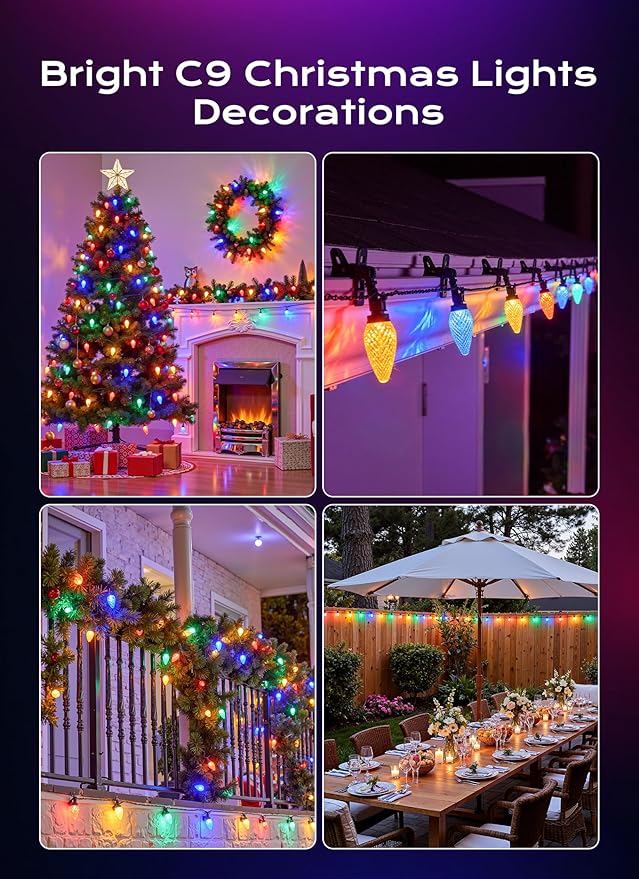 C9 Christmas Lights Outdoor, 100 FT 150 LED Connectable C9 String Lights with 8 Modes and Timer Extendable Xmas Tree Patio Roofline Garden Yard Holiday Party Indoor Outdoor Decoration, Multicolor