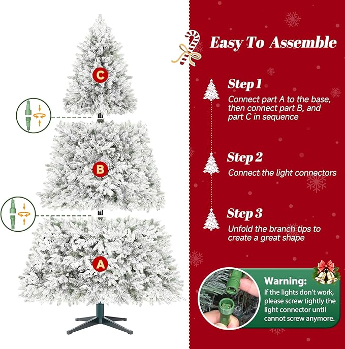 6.5FT White Snow Flocked Artificial Christmas Tree, 360° Rotating Musical Xmas Tree with Remote Control, Pre-Lit 8 Modes Warm White & Multicolored LED Lights Snowy Frosted Christmas Tree