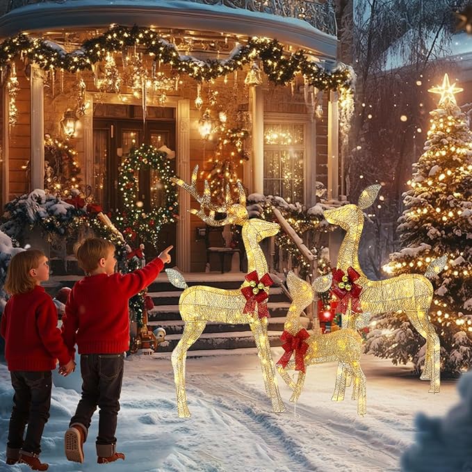 4ft Outdoor Lighted Reindeer Christmas Decorations, 3-Piece Reindeer Family Set with 240 LEDs, Bells, Red Bows, Durable Weatherproof Metal Frame for Yard, Garden, Indoor Holiday Decor, Gold