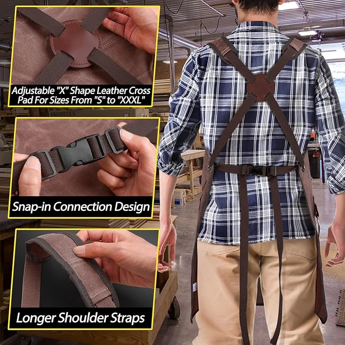 Woodworking Apron for Men, Shop Apron 20 oz Canvas Work Apron with 9 Tool Pockets, Heavy Duty Wood Working Workshop Bib Apron for Carpenter Woodworker Blacksmith, Men Gift, Adjustable to S- 3XL, Brown