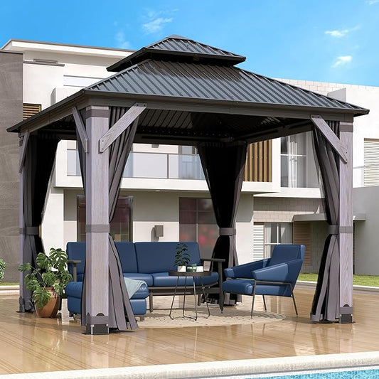 GARTOO 8.5' x 8.5' Outdoor Wood Gazebo - Permanent Wooden Hardtop Gazebo Pavilion with Double Curtains, Galvanized Steel Roof Cedar Wood Gazebos for Poolside, Garden, Lawn, Backyard Deck