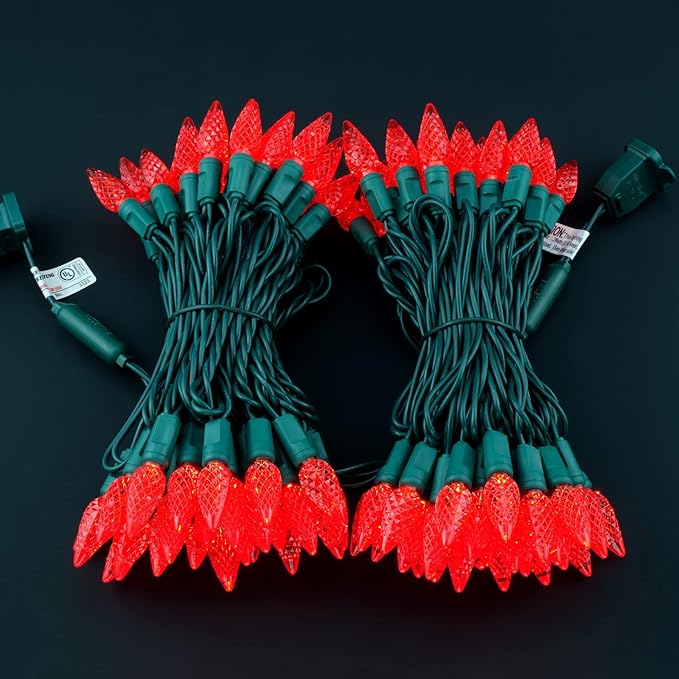 YULETIME Red C6 Strawberry LED Christmas Lights, 33 ft 100 Count 4" Spacing One-Piece High Waterproof UL Certified String Light (Red)