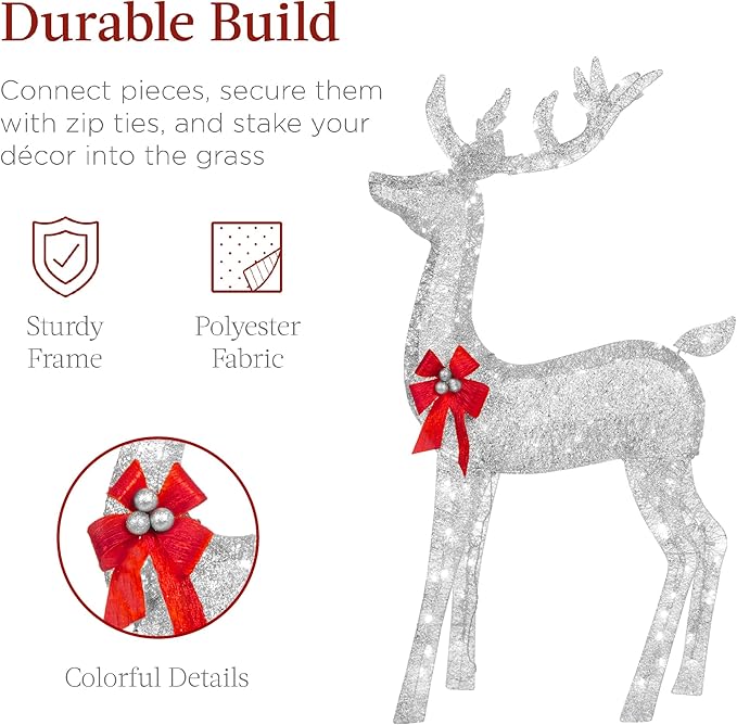 Best Choice Products 3-Piece Large Lighted Christmas Deer Family Set 5Ft Outdoor Yard Decoration with 360 LED Lights, Stakes, Zip Ties - Silver