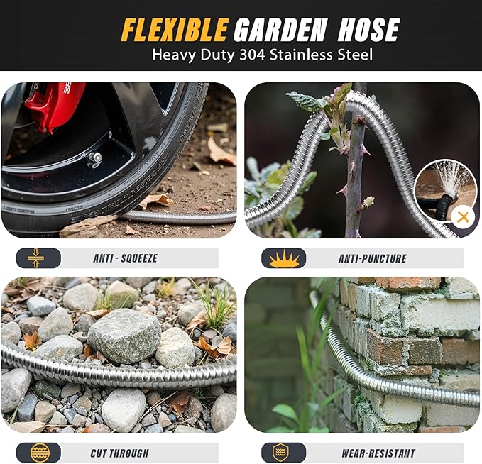Lefree Garden Hose 50ft, Stainless Steel Garden Hose Metal, Flexible Water Hose with 10-Function Nozzle, Crush Resistant, Leak Proof, No Kinks Heavy Duty Hose for Yard, Outdoors, Rv