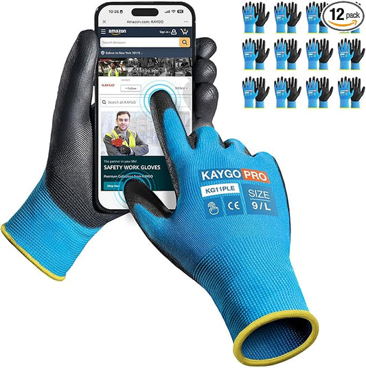 KAYGO Safety Work Gloves PU Coated for Men and Women- KG11P,12 Pairs,Seamless Knit Glove with Two Fingers Touchscreen,Ideal for General Duty Work (Blue,L)