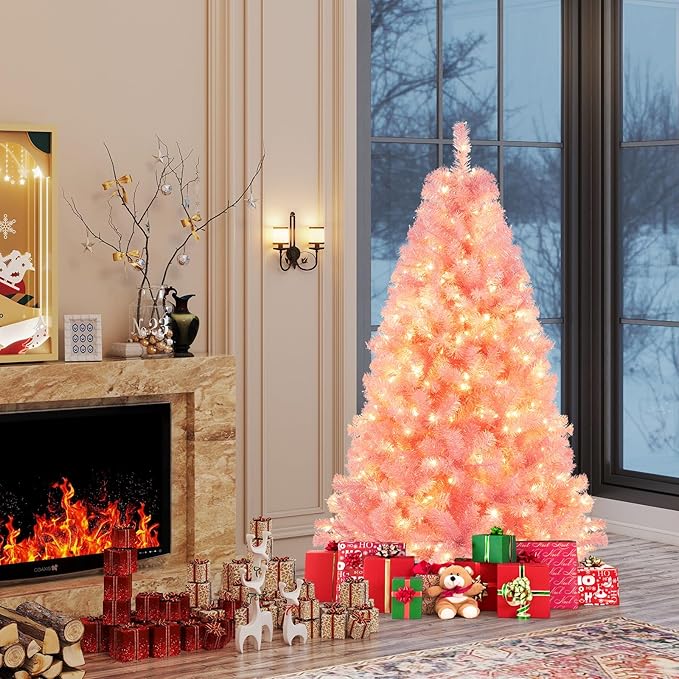 Goplus 6 FT Pre-Lit Tinsel Christmas Tree, Artificial Hinged Xmas Tree with 250 Warm White LED Lights, 8 Modes, 688 Lush Branch Tips, Metal Stand, Home Office Seasonal Holiday Decoration, Pink