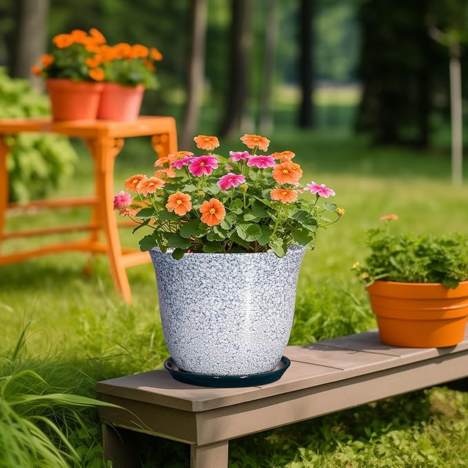 Ceramic Planter - 10 Inch Plant Pot for Indoor Outdoor, Round Planter with Drainage Hole and Plant Tray, Large Decorative Planters, Modern Flower Pot, Home Room Decor, Gardening Gift, Green