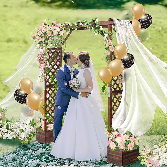 VINGLI Wooden Garden Arbor with Planter, Wedding Arch for Ceremony, Wood Garden Arbour Trellis for Plant Climbing, Pergola for Garden Backyard, Lawn, Outdoor (Carbonized Wood)