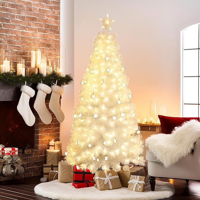 LuxenHome 6FT White Christmas Tree, 13 Lighting Funtions Artificial Fiber Optic Christmas Tree with 227 LED Lights, 432 PVC and Bristle Tips, Plug-in White Xmas Trees for Living Room, Entryway Decor