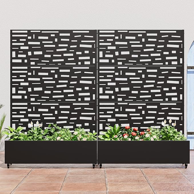 Casaphoria Metal Raised Garden Bed with Trellis and Wheels, 72"x47"x16" Planter Box for Climbing Plants, Vegetables & Vines, Features Drainage Holes and Privacy Screen (Black-Gerald)