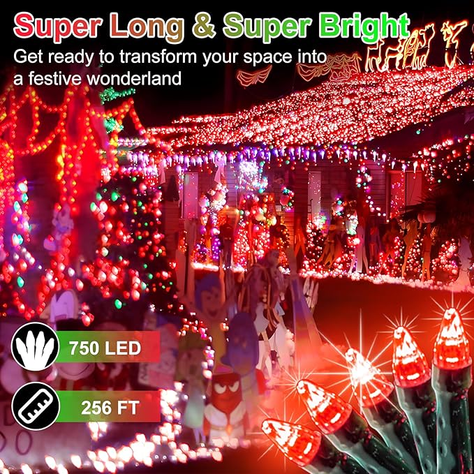 750 LED 256ft Outdoor Christmas Lights, Super Long String Lights 8 Modes Timer Memory, Outsite Waterproof Dark Green Wire Fairy Light Strings for Xmas Tree Wedding Holiday Party Decorations Red