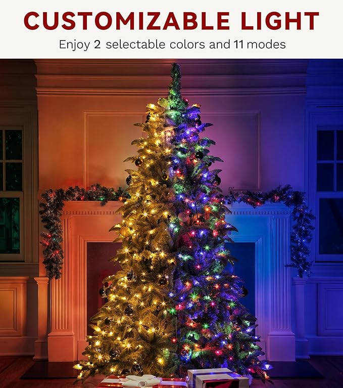 DWVO 7.5 FT Pre-Lit Snow Flocked Christmas Tree, Layered Artificial Xmas Tree with 1010 PE & PVC Branch Tips and 450 Multi-Mode Lights for Home, Office, and Party Decor with Remote Control