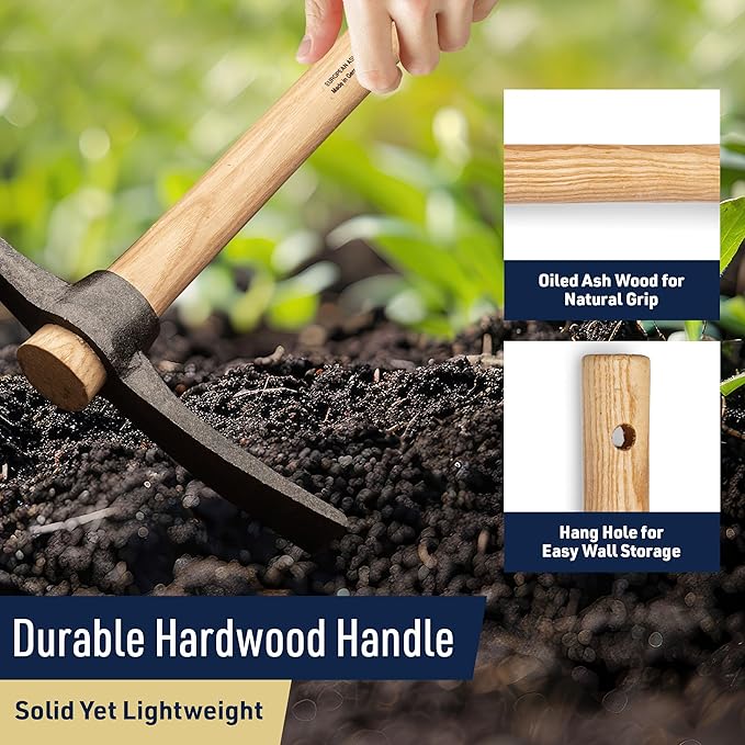 16” Hand Pick Axe - Forged Steel Pickaxe for Digging, Loosening Soil, or Weeding Tool - Dual Headed Adze Garden Hoe and Pick Mattock Digging Tool with Wood Handle by Kings County Tools