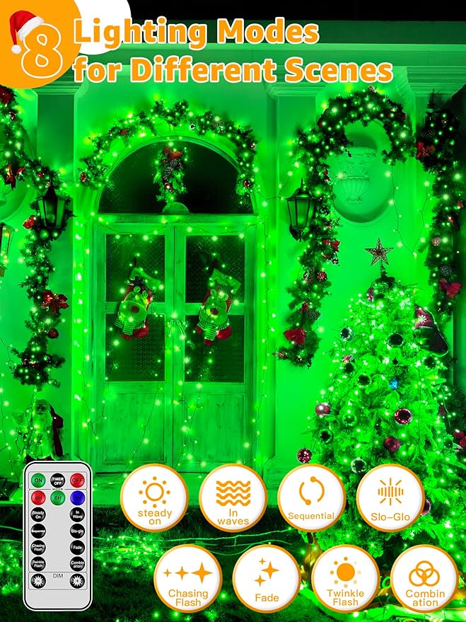 500 LED 164 FT Christmas Lights, Waterproof Outdoor String Lights with Remote and Timer, Christmas Tree Lights with 8 Modes Dimmable, Fairy Lights for Holiday Decor (Green)