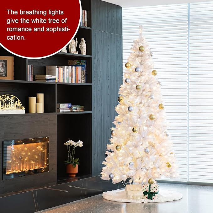 Glitzhome 8ft Pre-Lit Slim Artificial Christmas Tree, Aspen Frostfall Pine Hinged Holiday Xmas Tree with Foldable Metal Stand, 500 Warm White Lights, Ideal for Home, Office, Party Decoration