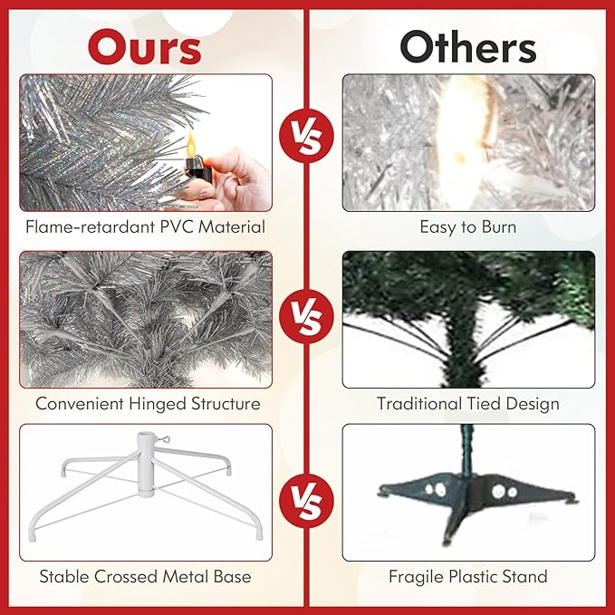 Goplus 7ft Pre-Lit Silver Tinsel Christmas Tree, Artificial Xmas Tree with 807 Branch Tips, 400 Warm White LED Lights, Upgraded Metal Stand, for Home Office Decor