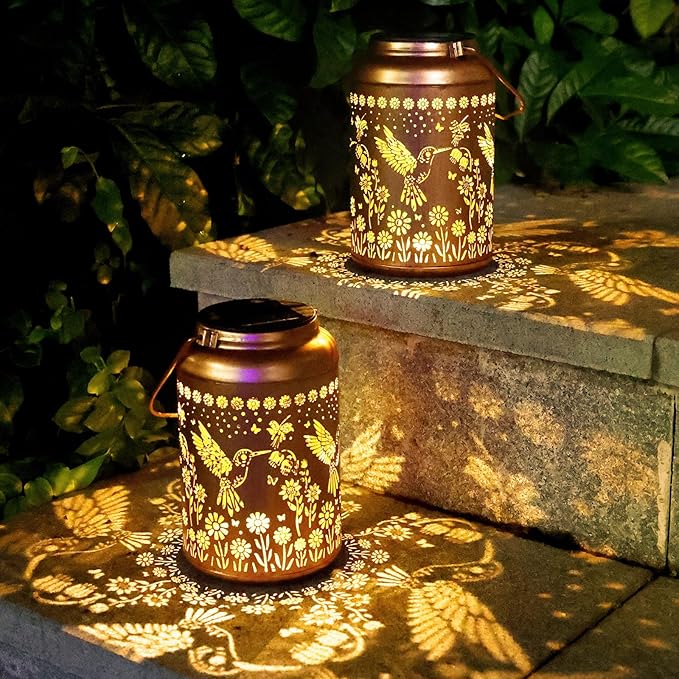 2Pack Hummingbird Solar Lanterns Outdoor Waterproof Lantern Garden Decor Gifts for Women Mom Grandma Hanging Solar Lights Metal Decoration Christmas Outside for Yard, Patio,Porch, Tabletop, Pathway