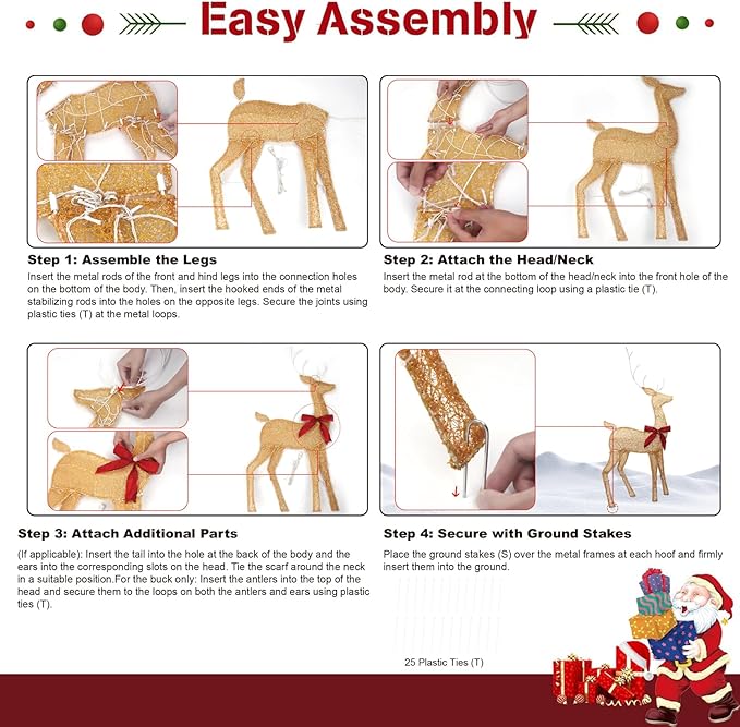 45" Light Up Outdoor 2D Christmas Reindeer Decor, Featuring Durable Metal Frame, Ground Stakes, Waterproof Snow-Resistant Design, Perfect for Vintage Christmas Home, Tree, and Garden Decoration, Gold