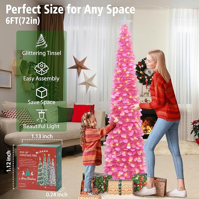 HMASYO 6 FT Pop Up Christmas Tree with 100 LED Lights & Remote, Hot Pink Christmas Tinsel Tree, Collapsible Artificial Pencil Tree for Home Office Party Decor, USB Powered Timer Lights, Easy Assembly
