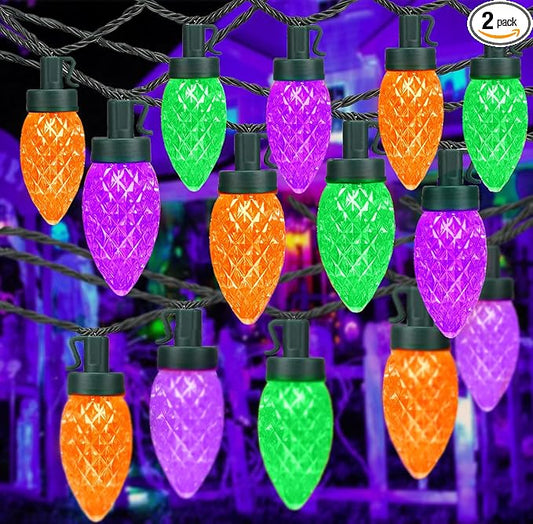 KAQ 2PK 100LED Orange Purple and Green C9 Halloween Lights Waterproof Indoor Outdoor, Extendable 98FT String Lights Plug in with 13 Lighting Modes, Halloween Decorations for Party, Outside Yard Decor